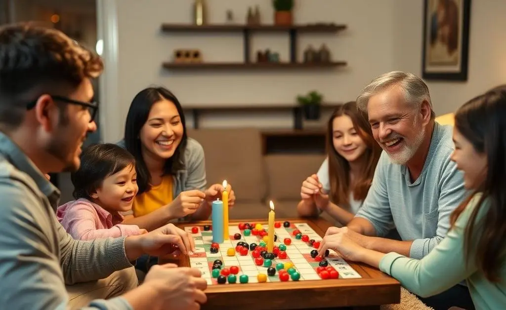 A family enjoying a game night at home, with laughter and fun.