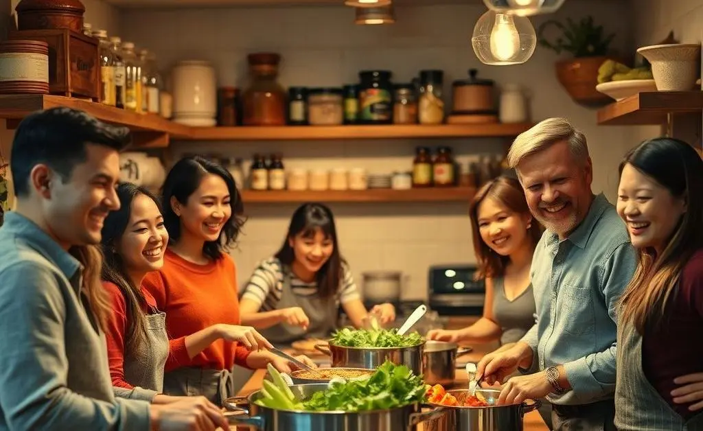 A family smiling and cooking together in a cozy basement kitchen.