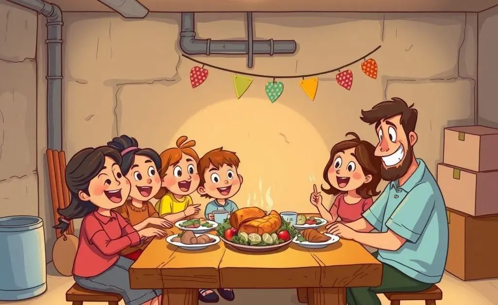 Cartoon-style image of a family enjoying a meal together in a basement setup.