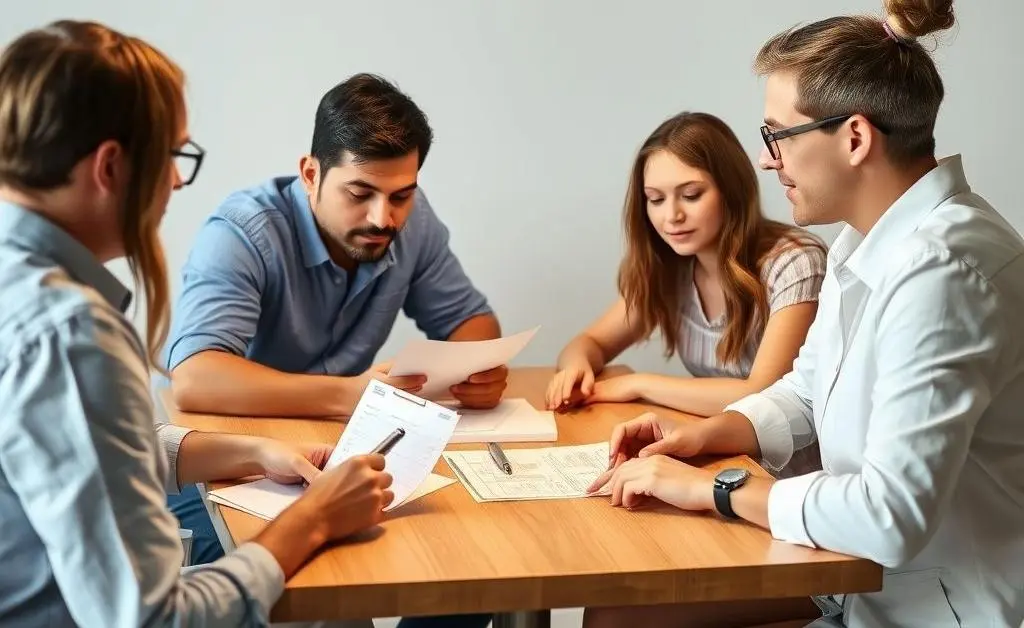 A family sitting around a table discussing and reviewing paperwork, depicting a decision-making moment.