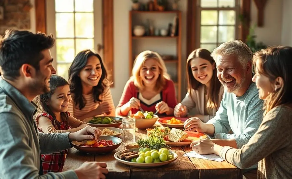 A family gathered around a table, sharing stories and laughter, evoking warmth and connection.