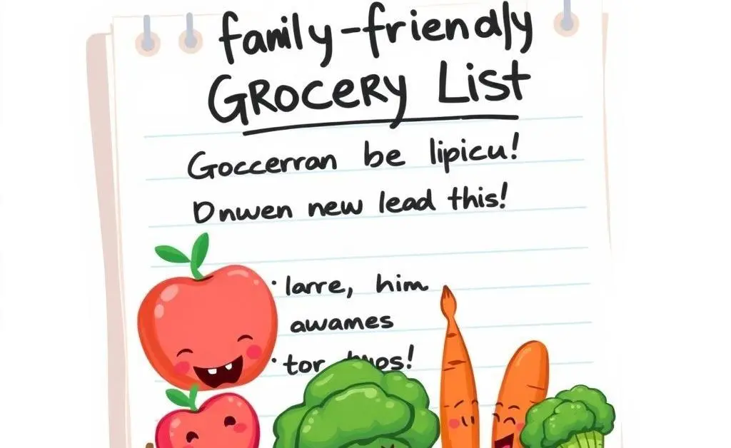 A family-friendly grocery list sketched out on a notepad with cartoon fruits and vegetables.