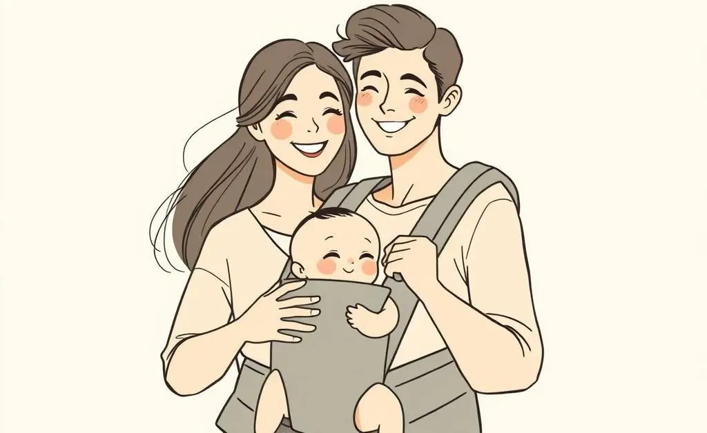 Couple grocery shopping with their baby