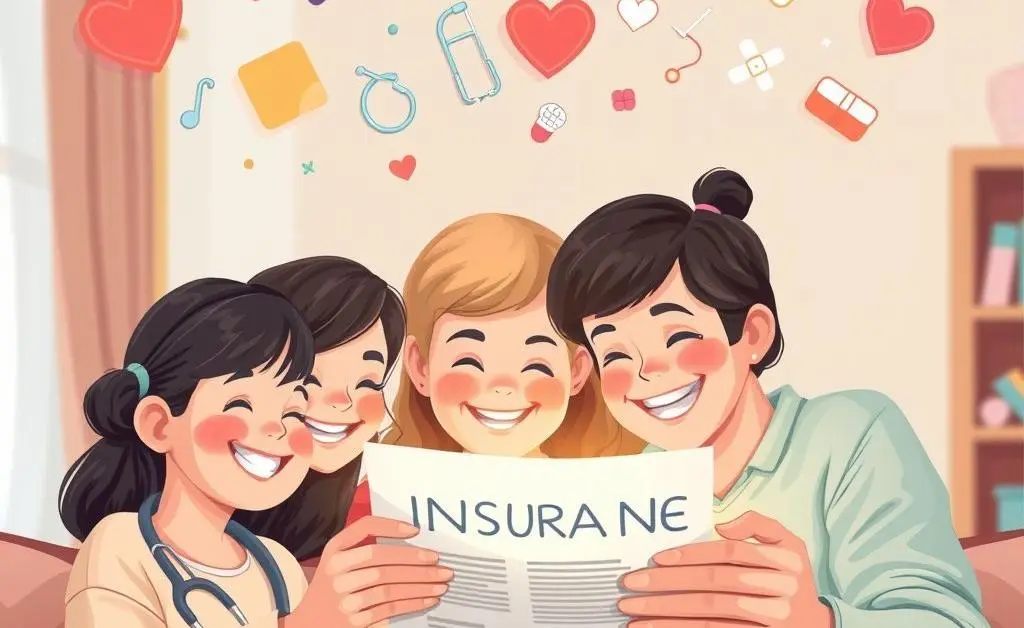 A happy family looking at a health insurance policy with illustrations of medical icons floating above.