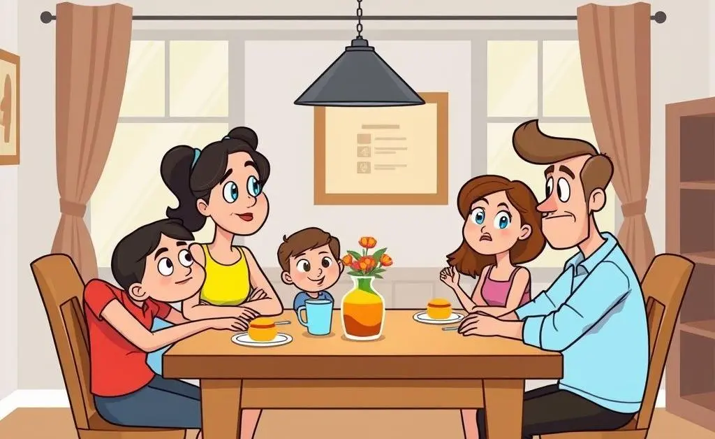 Cartoon-style family sitting at a dining table discussing their home sale options