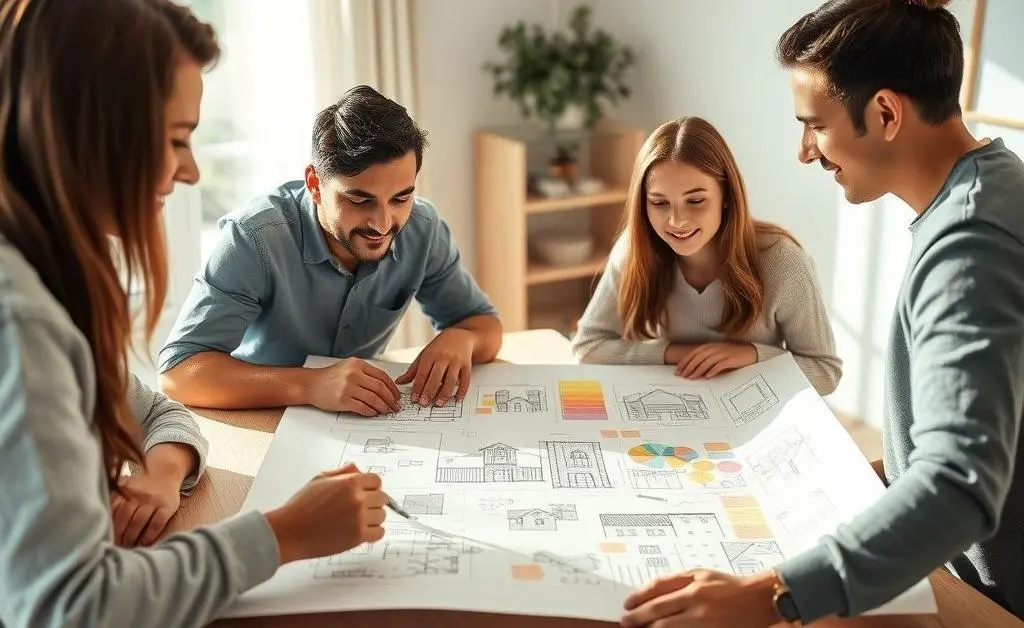 A serene family with a planning board filled with real estate sketches and notes.