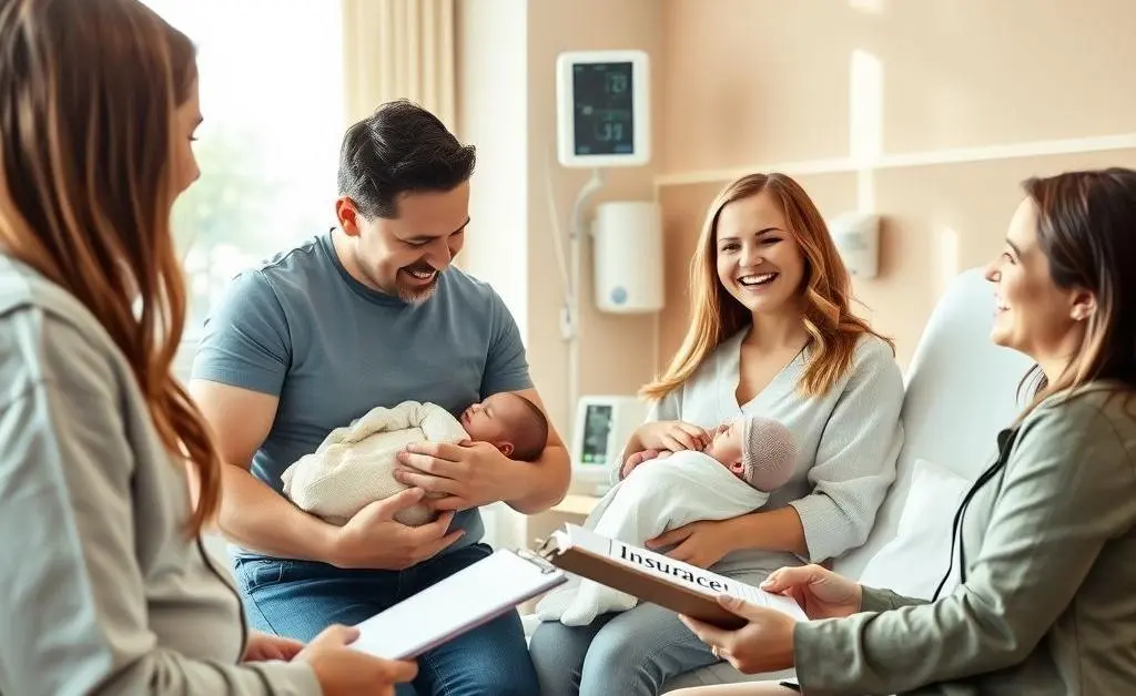 A family with a newborn in a hospital setting, talking to an insurance representative