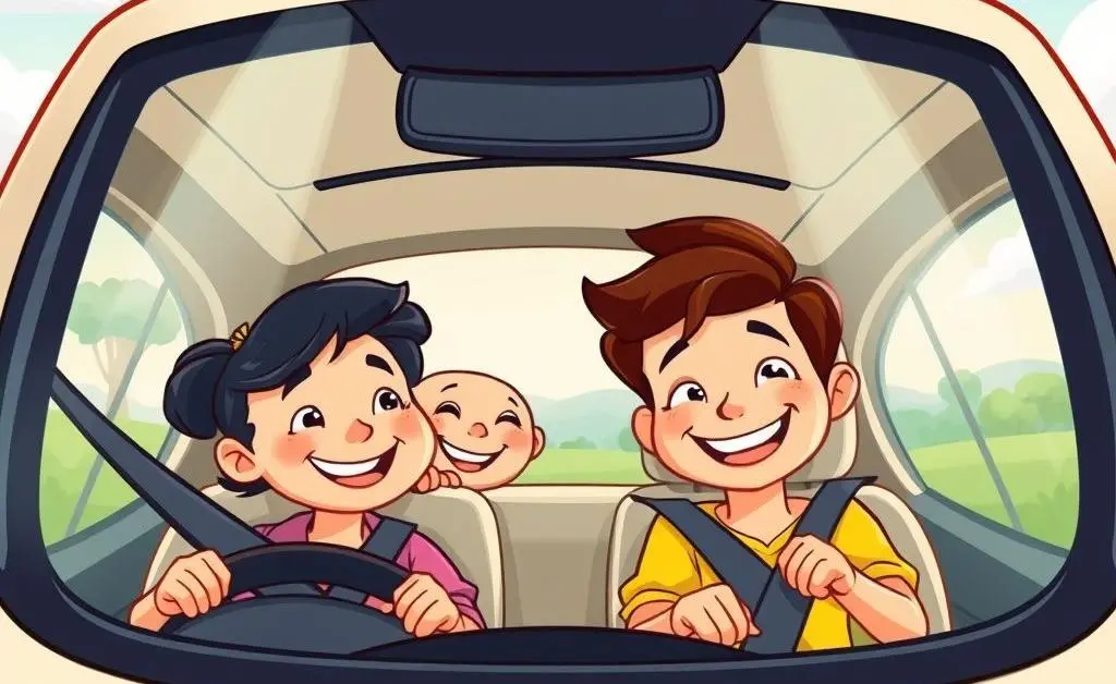 A happy family inside a well-protected car