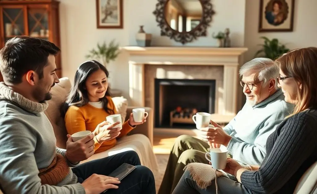 A family gathered in a living room, discussing inheritance matters over coffee.