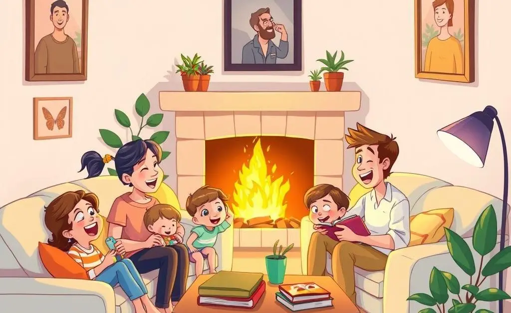Cartoon-style drawing of a family enjoying a cozy living room setting.