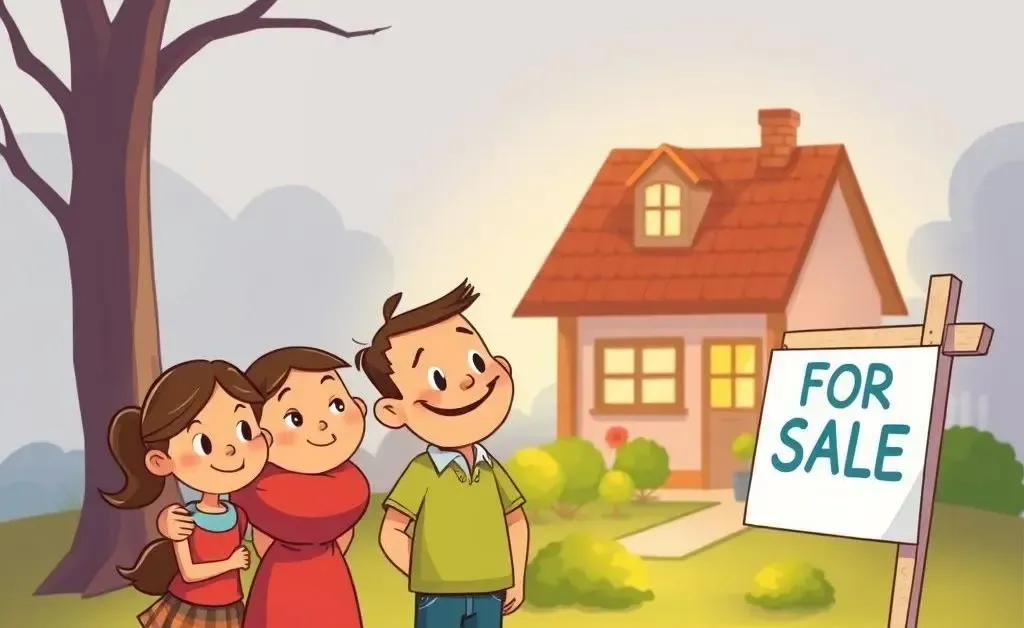 Cartoon-style family looking at a house with a 'For Sale' sign cast in shadow