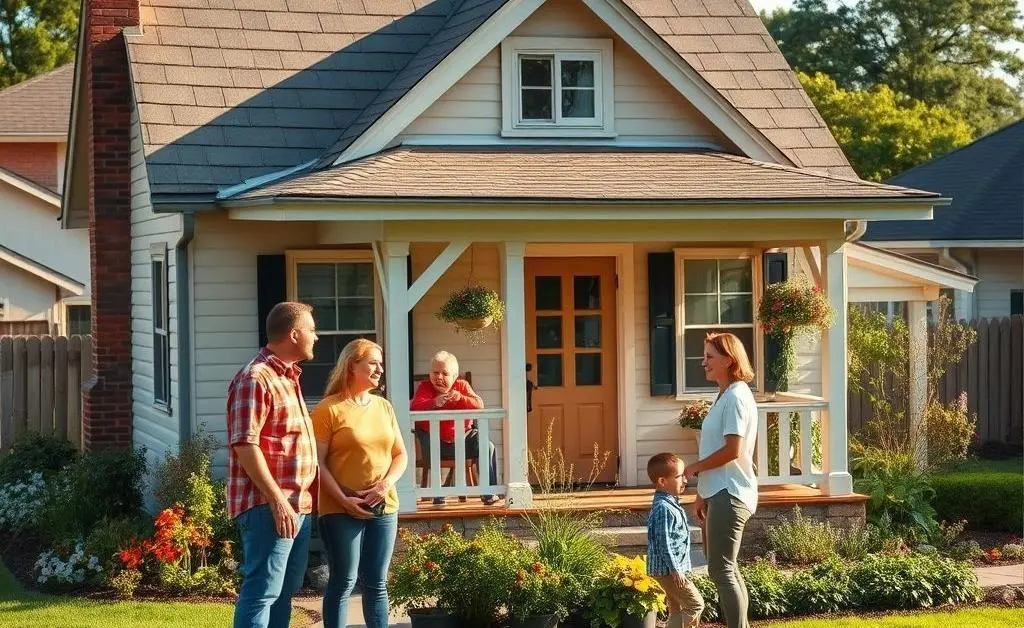 A family standing outside a charming house, discussing potential purchase.