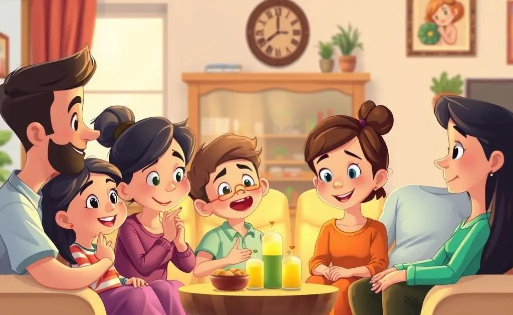A cartoon family having a heartfelt discussion in the living room, focusing on family dynamics.