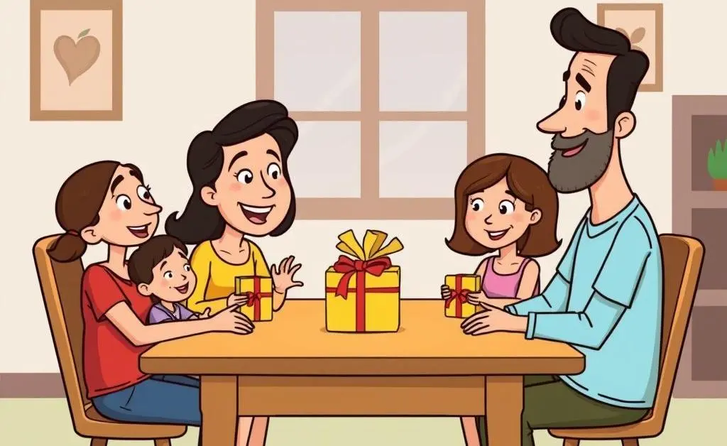 Cartoon of a family discussing financial gifts.