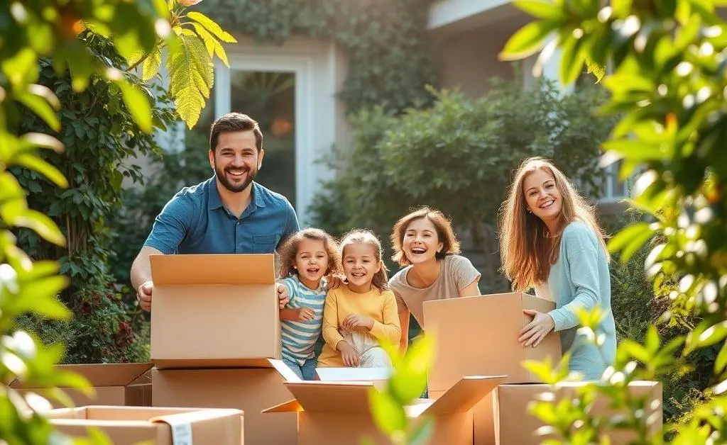 Family carrying boxes into a new house