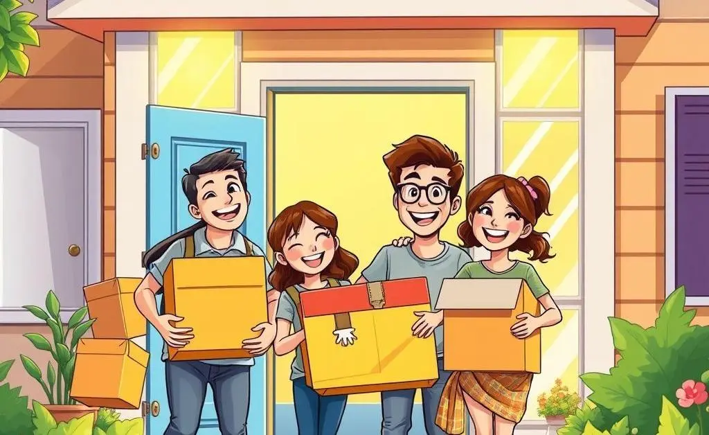 Cheerful family moving boxes into a new home