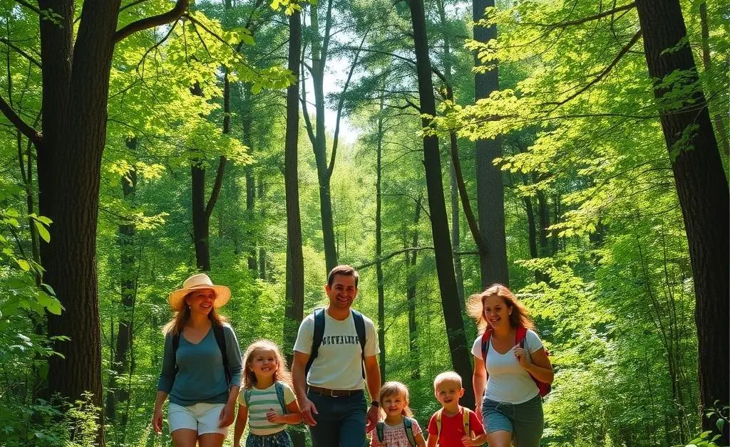 A family enjoying an outdoor activity, like hiking in a forest.