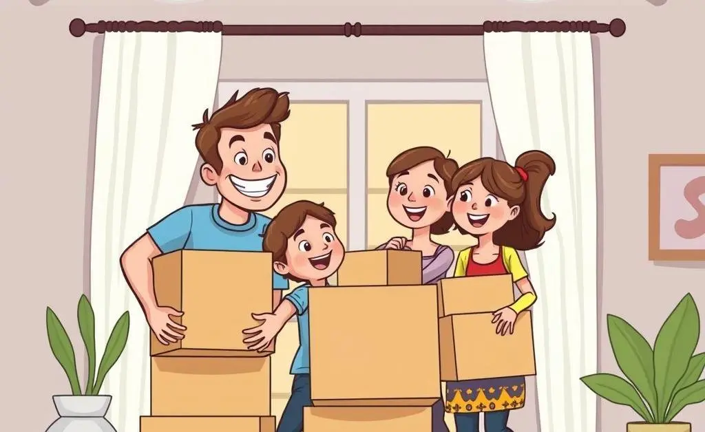 Cartoon image of a family happily packing moving boxes in their first home