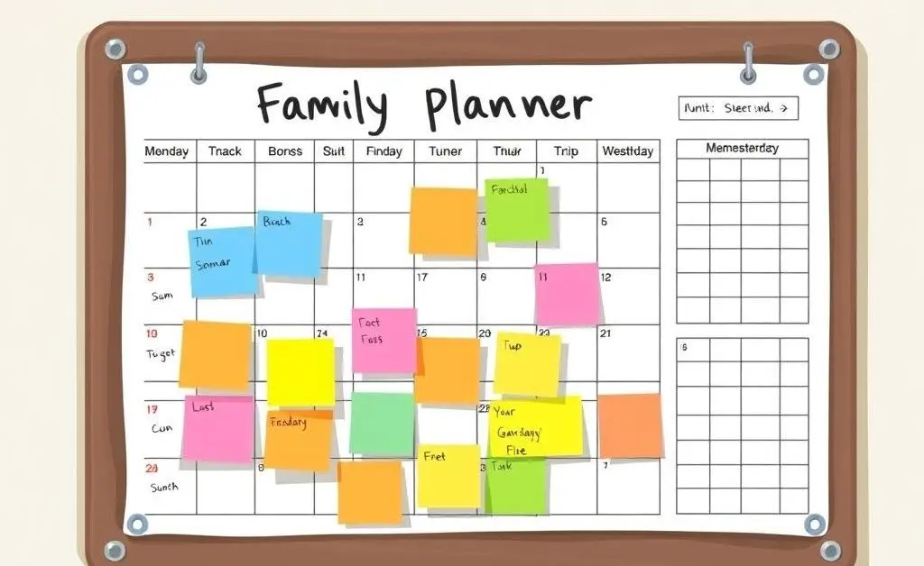 A family planner board with colorful sticky notes and a calendar