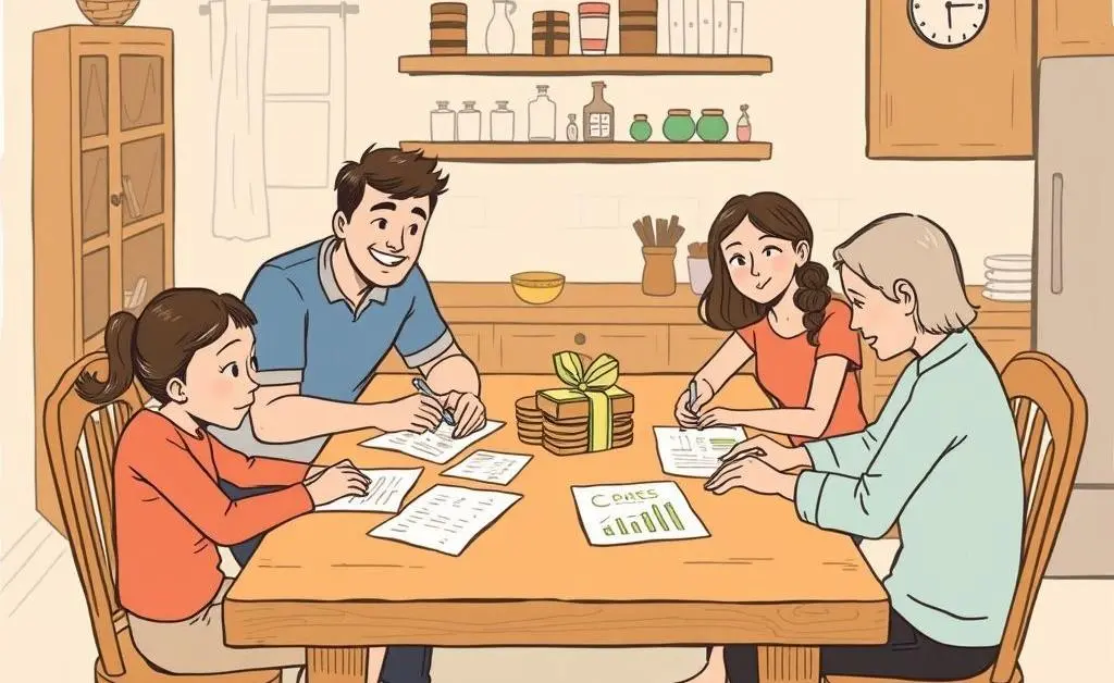 A warm, hand-drawn scene of a family planning their finances around interest rates at a kitchen table
