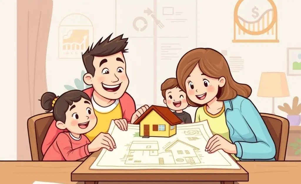 Happy family looking at house blueprints with financial charts around them