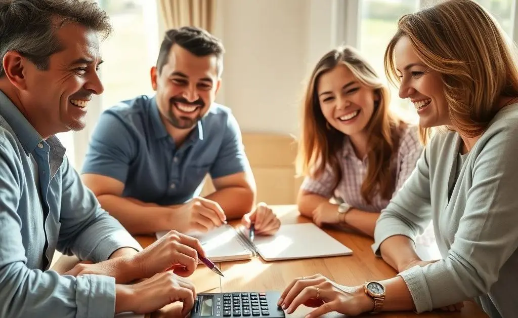 A family sitting together planning finances with smiles and a calculator