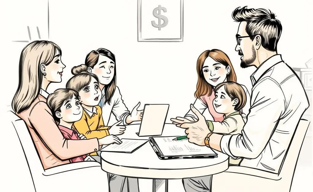 Cartoon image of a family discussing insurance