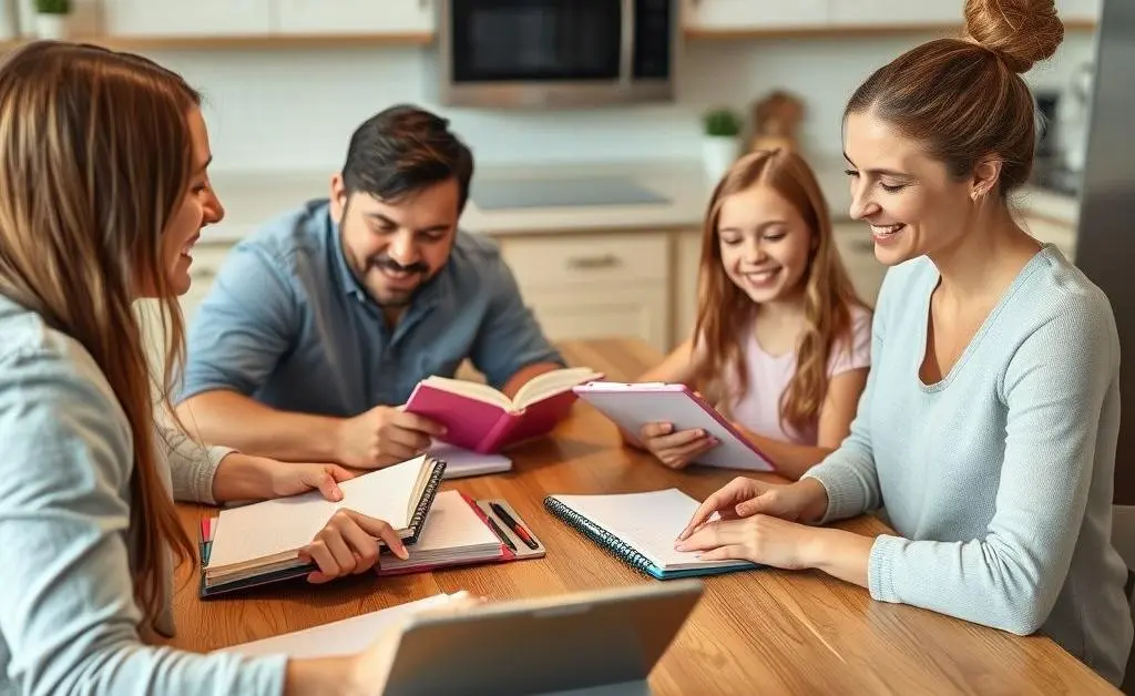 Family planning their day together at a kitchen table