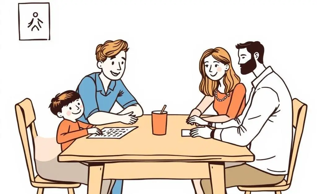 Family sitting together discussing health plans over the table