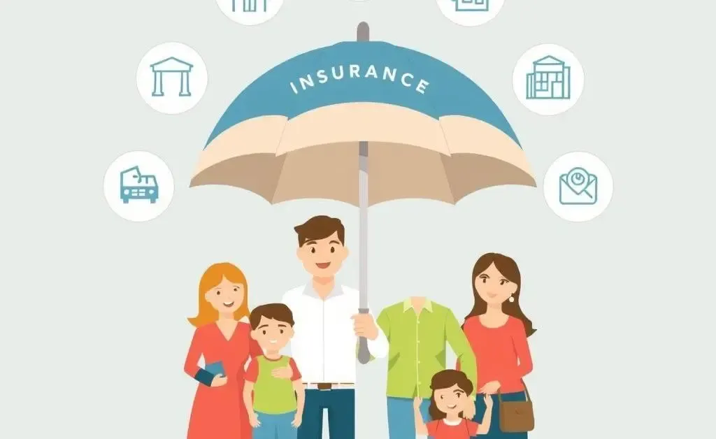 Family under umbrella with insurance types