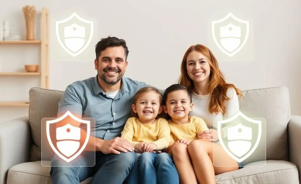 A happy family sitting together on a couch, surrounded by symbolic life insurance protection barriers