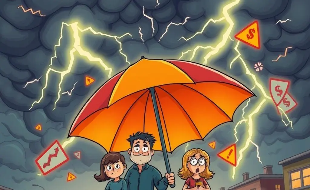 An umbrella shielding a family from financial challenges.