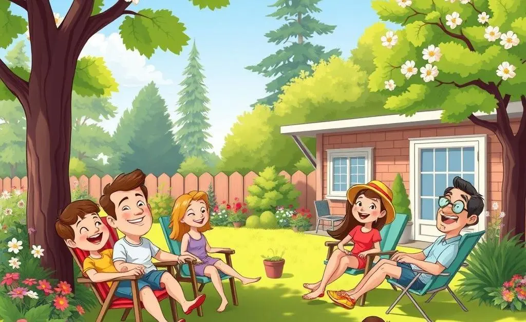 Family relaxing in the garden of a second home, illustrating lifestyle benefits