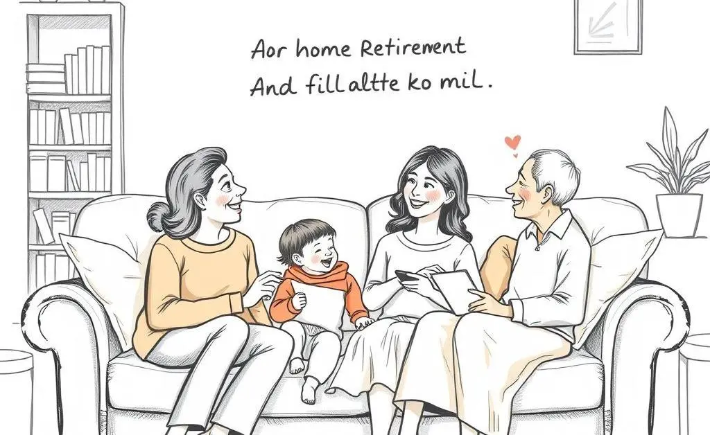 Family discussing retirement plans on a couch