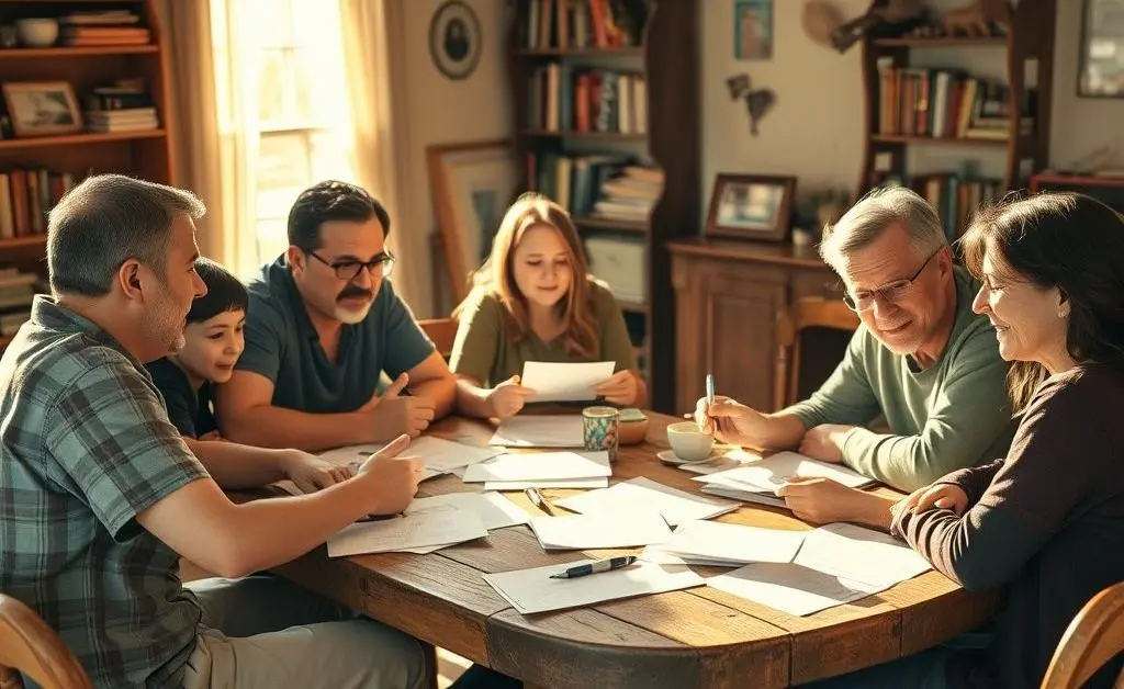 Family sitting at a dining table with scattered documents.