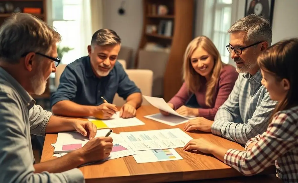 A family sitting together, discussing their saving goals with piggy banks and charts