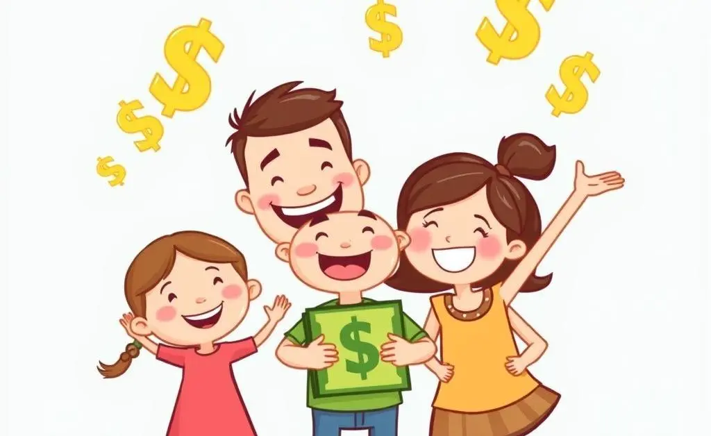 Cartoon family saving money with piggy banks and dollar signs.