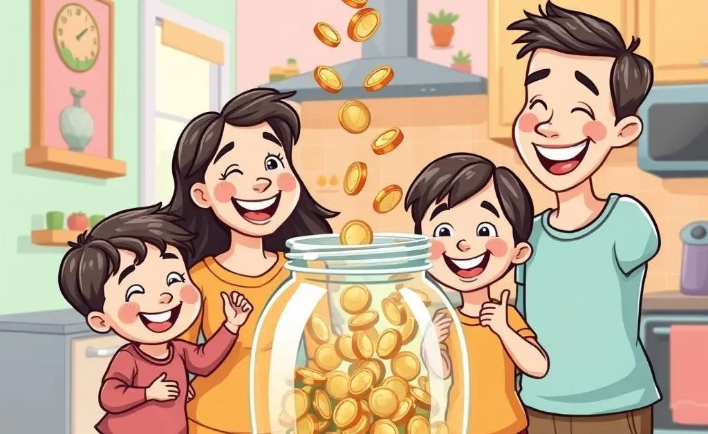 A cartoon-style illustration of a family placing coins into a savings jar