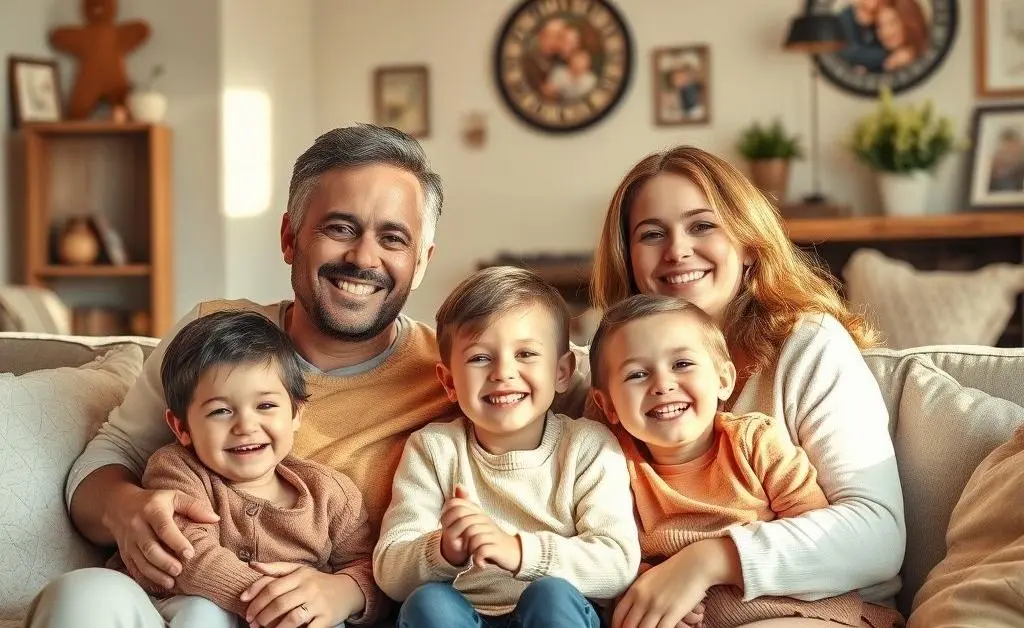 Family setting up a security camera