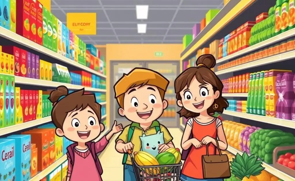A cartoon family shopping in a grocery aisle, picking practical food items together
