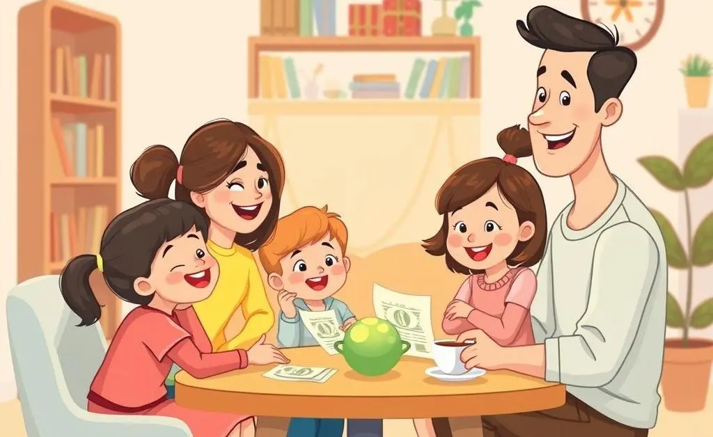 A cartoon-style image of a family sitting together, discussing finances around a table.