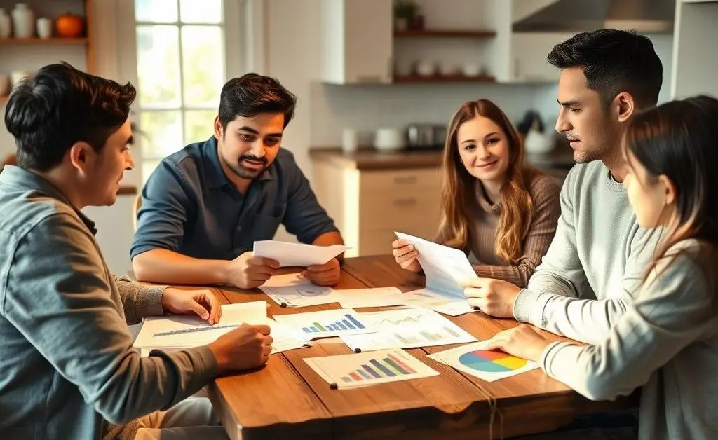 A family discussing financial matters at a kitchen table