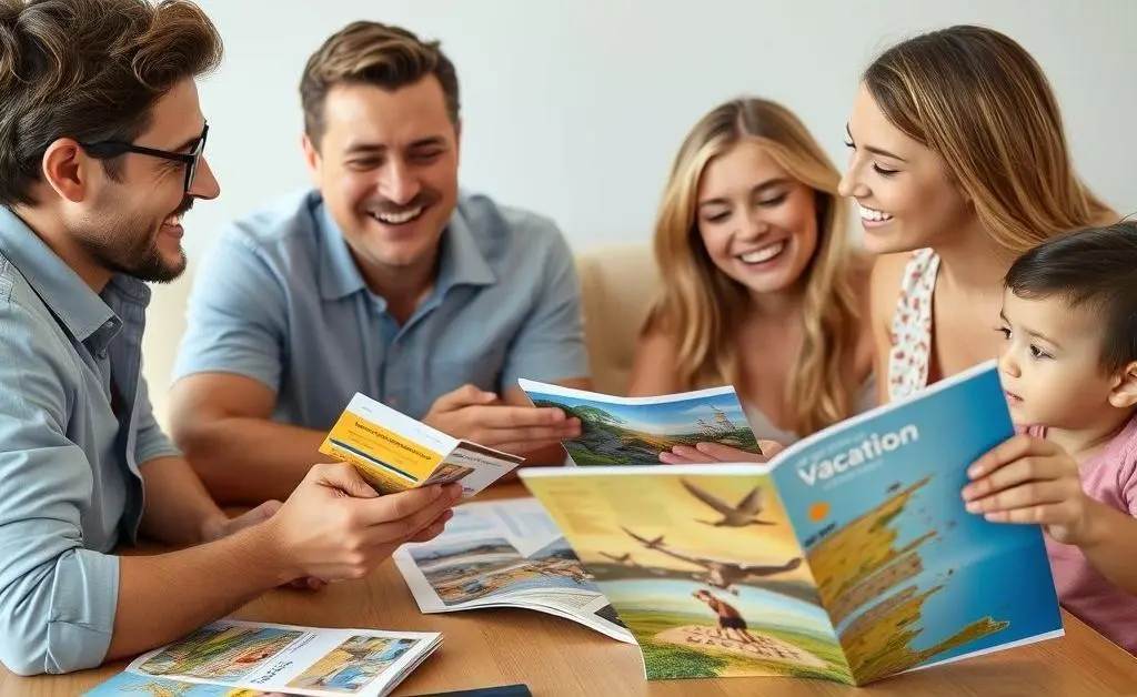 Family planning a vacation with brochures and credit cards