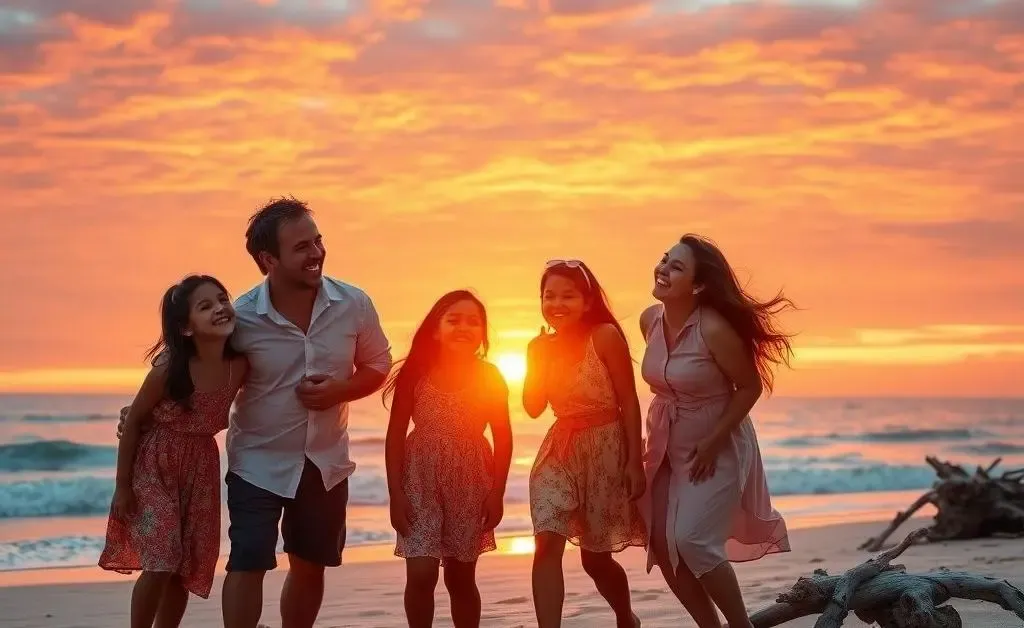 Family on the beach with sunset