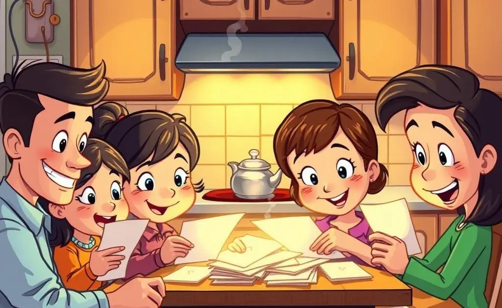 A cartoon-style image of a family at the kitchen table, looking at their mail with curious expressions.