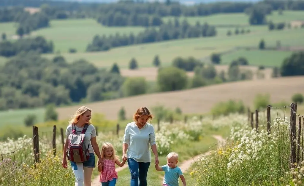 A family walking on a trail in the countryside, enjoying nature and each other's company.
