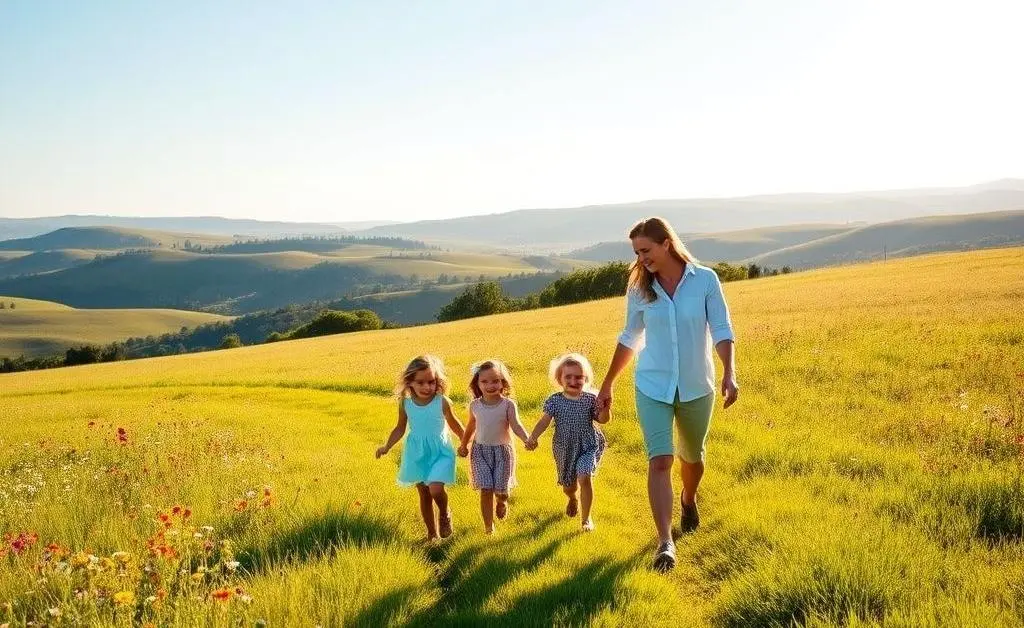 Family walking in a meadow, representing peace of mind from having life insurance
