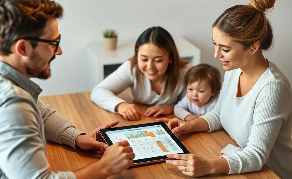 A family sitting at a table using a tablet to plan a budget.