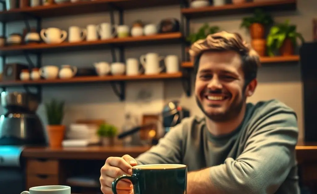 A friendly café scene where someone is enjoying a purchased coffee