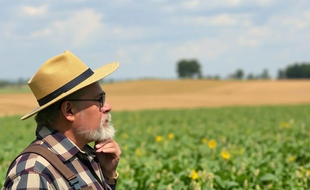 A farmer looking thoughtfully at a field of crops, considering market impacts.